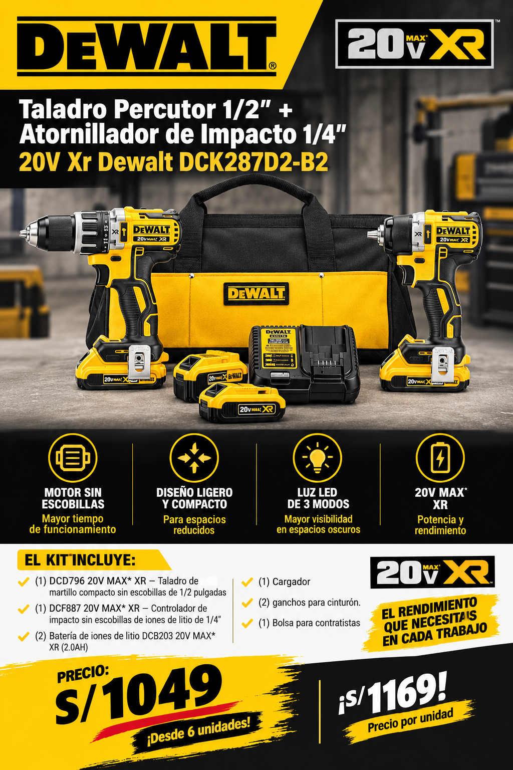 Haga una imagen optimizada para móviles en formato vertical con el logo de la marca DEWALT, con la siguiente información: Taladro Percutor 1/2" + Atornillador de Impacto 1/4" 20V X