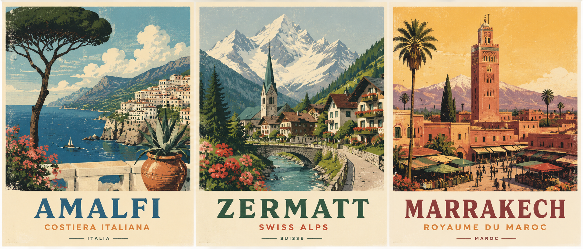 A wide, vintage travel poster triptych/three-panel illustration in a retro screenprint style. Overall: three adjacent poster panels with a warm cream/ivory border/background, grain