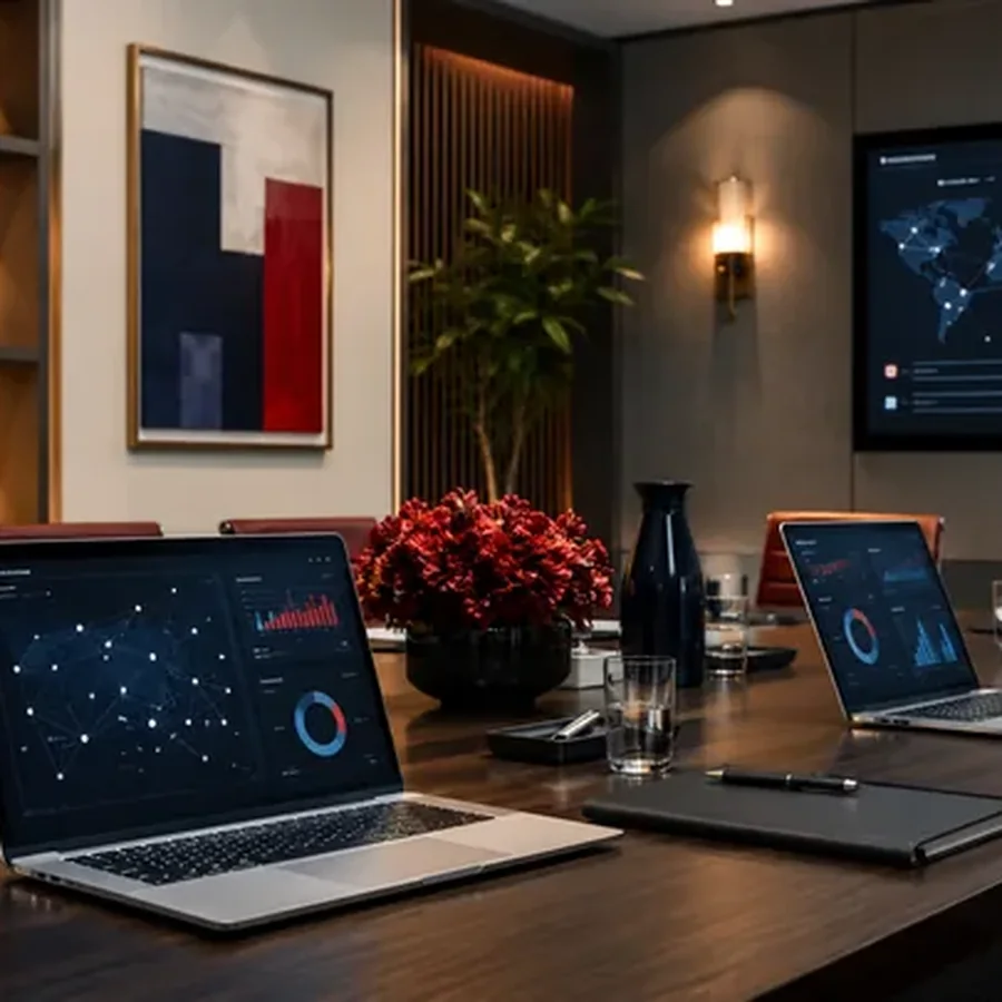 Warm-lit analytics boardroom
