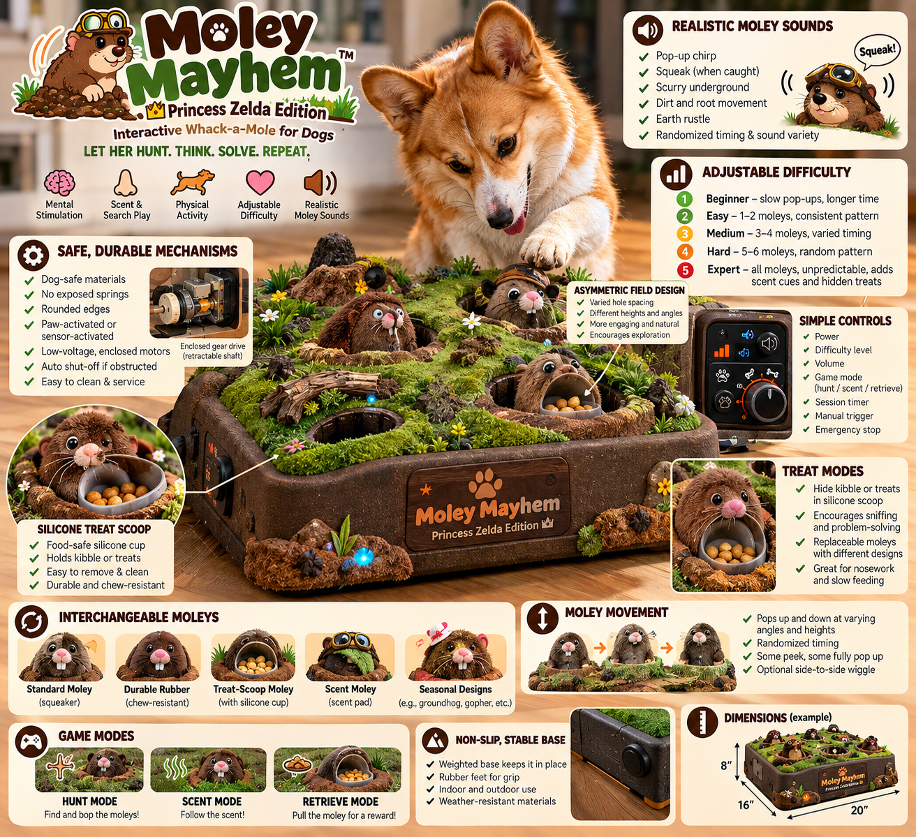 Refine the existing Moley Mayhem dog enrichment toy concept image into a polished product design concept, preserving the charming warm earthy style, the adorable Pembroke Welsh Cor