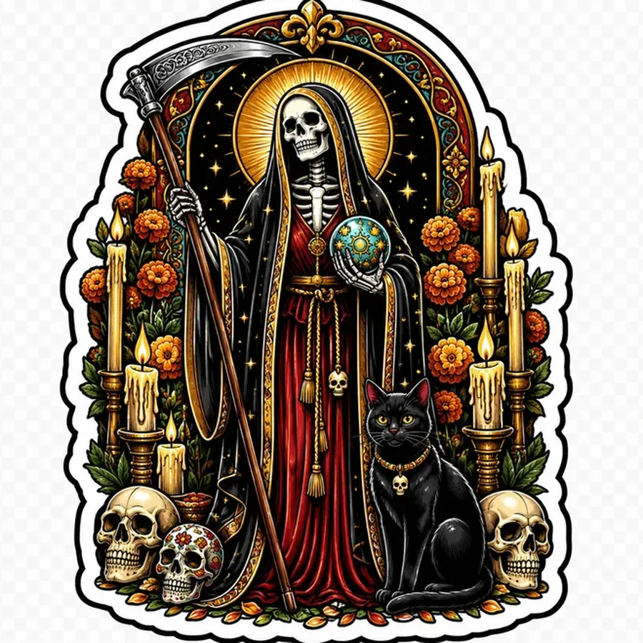 In the style of all of the Santa Muertes that I've been giving you, create your own original sticker now.