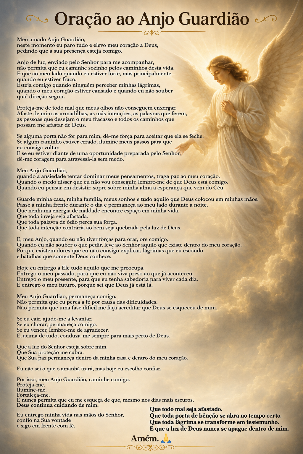 **Oração ao Anjo Guardião** Meu amado Anjo Guardião, neste momento eu paro tudo e elevo meu coração a Deus, pedindo que a sua presença esteja comigo. Anjo de luz, enviado pelo Senh