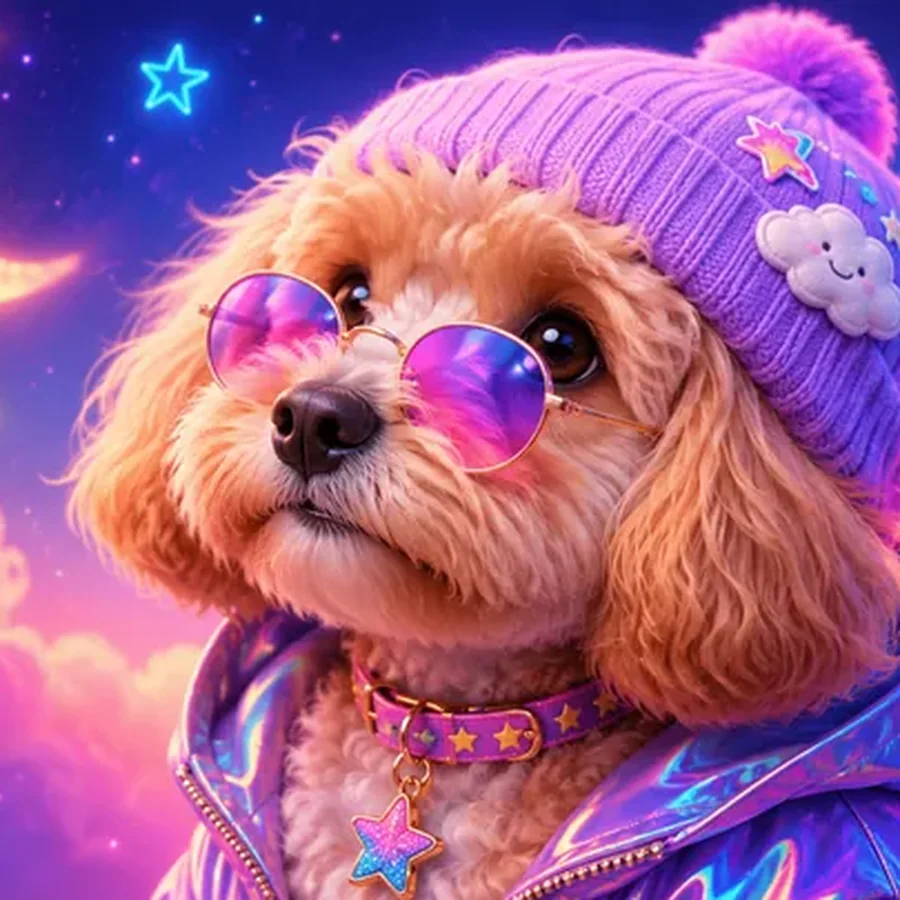 Fluffy dog in a cosmic dreamscape