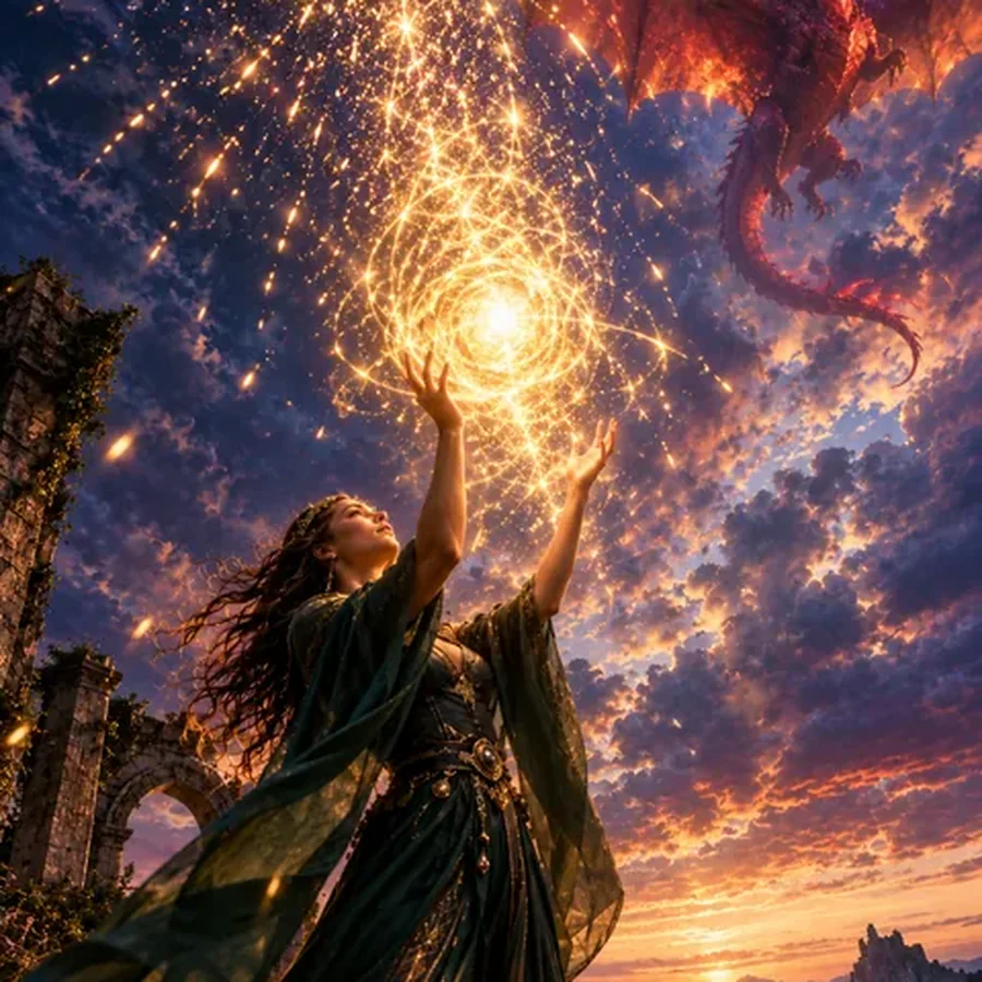 Generated image: Sorceress Summoning Beneath the Crimson Dragon