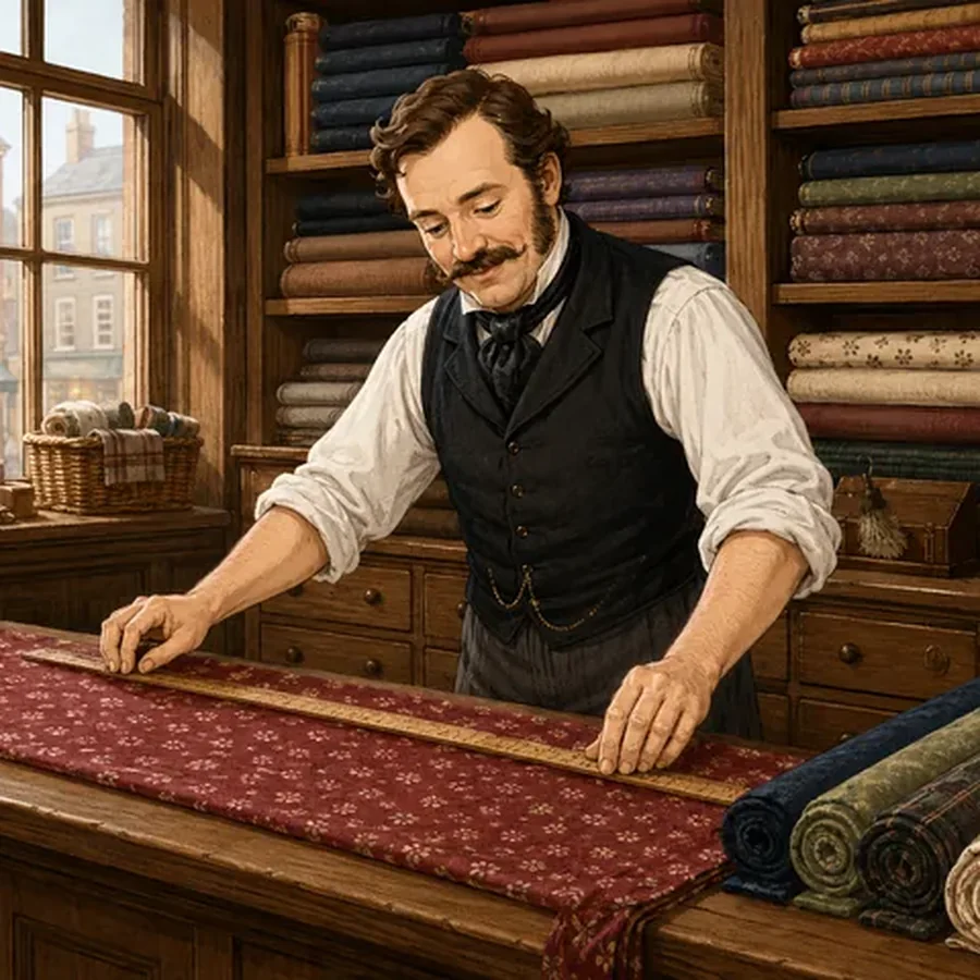 Victorian draper measuring cloth, 1871