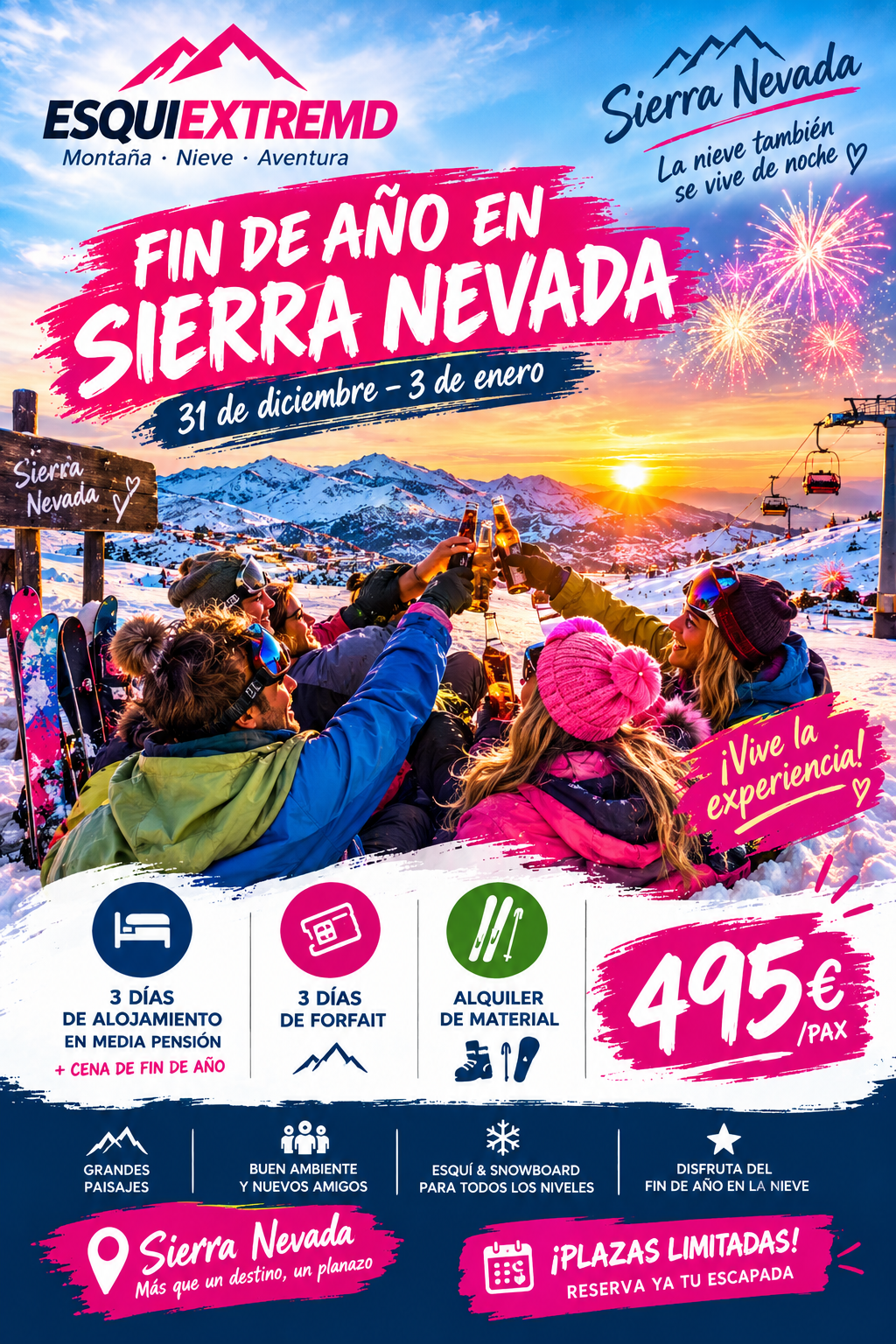 Create a polished vertical 2:3 social-media promotional poster for a Spanish ski travel company, using vivid hot pink/magenta, deep navy blue, white, and golden New Year's Eve suns