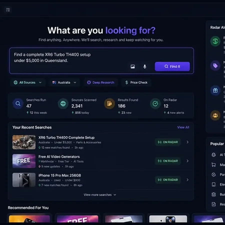FindRadar Neon Search Dashboard