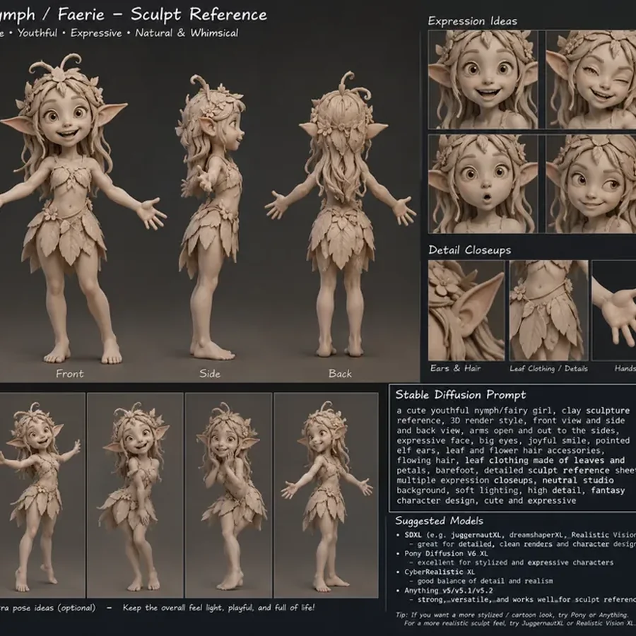 Cute Nymph Sculpture Reference Sheet