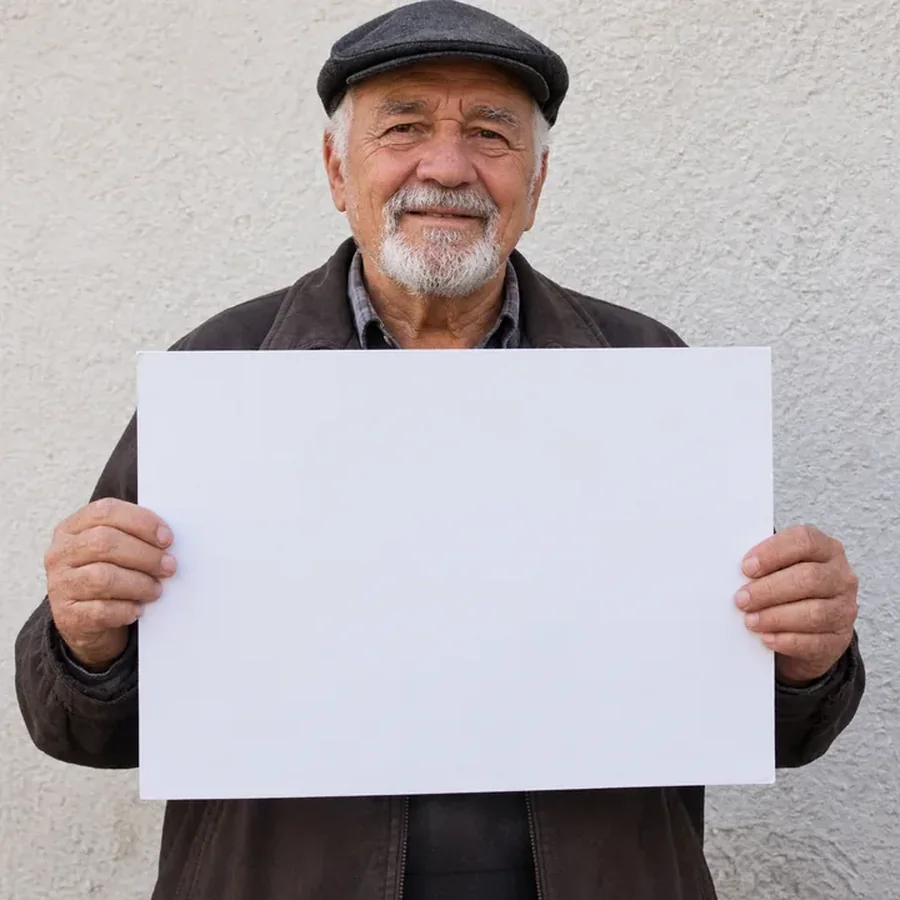 Retrato de idoso com cartaz branco a dizer sempre em frente