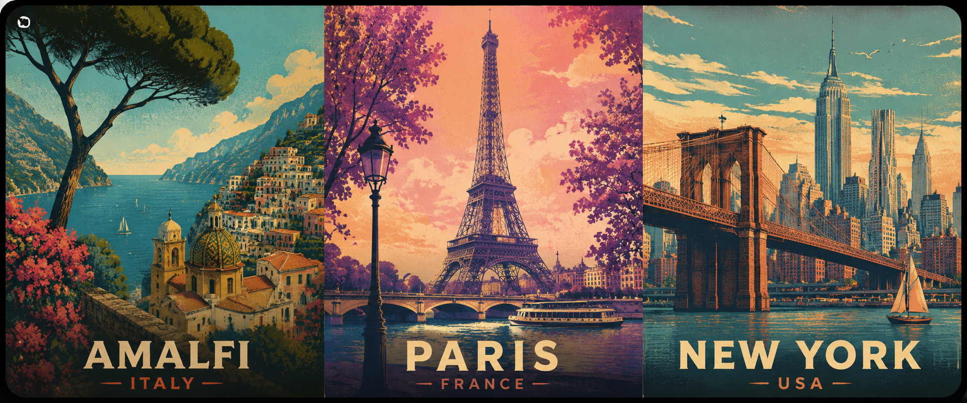 A wide, landscape vintage travel-poster collage in a retro halftone/illustrated style, overall scene: a triptych of three panels side-by-side (left, center, right) like vintage pos