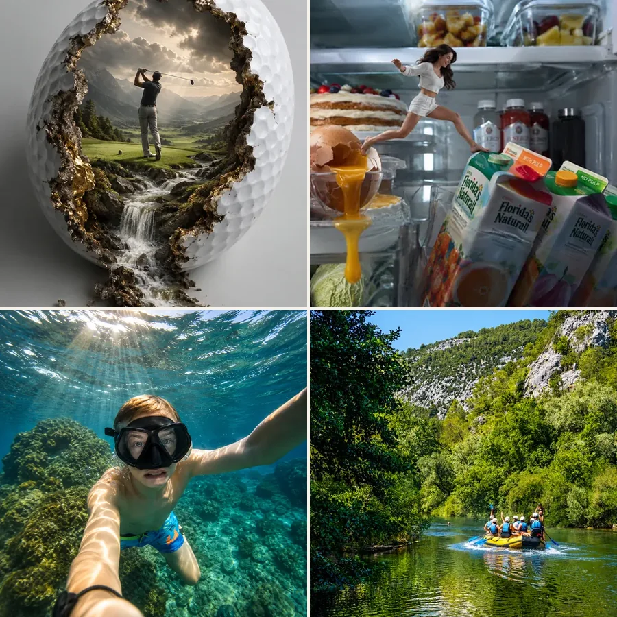 Surreale Golfball-Welt mit Wasserfall