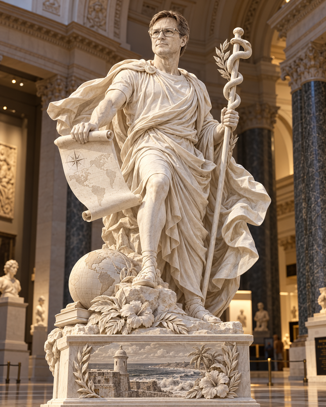 A highly detailed, realistic museum interior scene of a marble statue in a classical, cinematic, well-lit, museum hall. Overall: a grand, classical, neoclassical/renaissance-style 