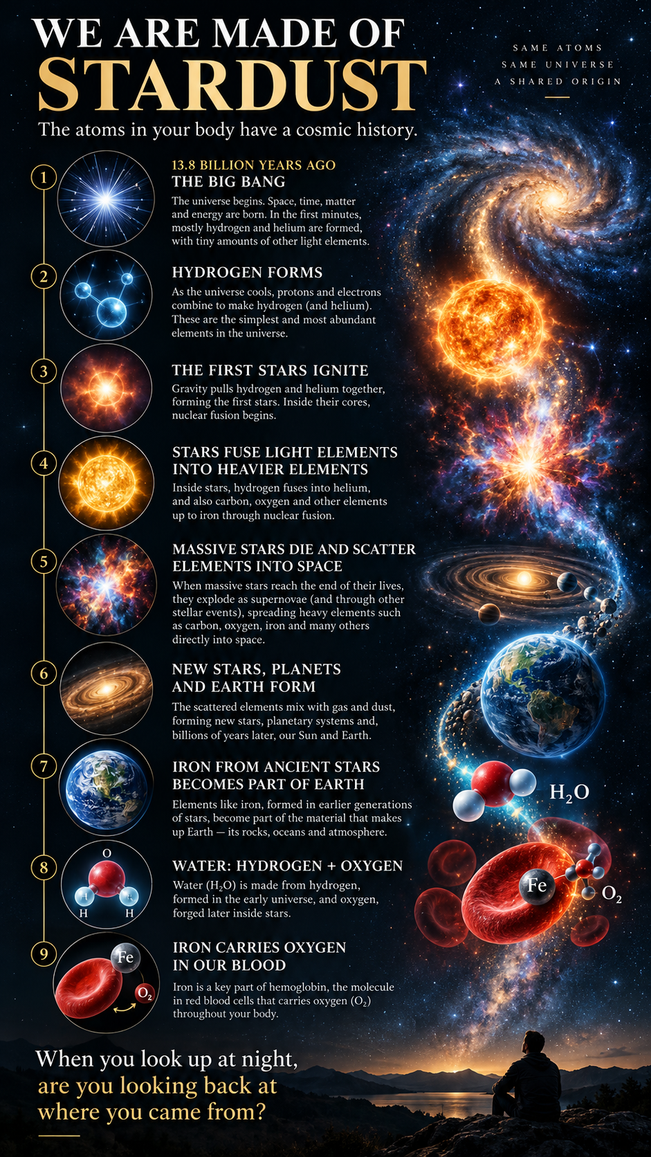 Create a polished vertical educational infographic by combining the content and ideas from the two uploaded handwritten notes about cosmic origins and the elements in the human bod