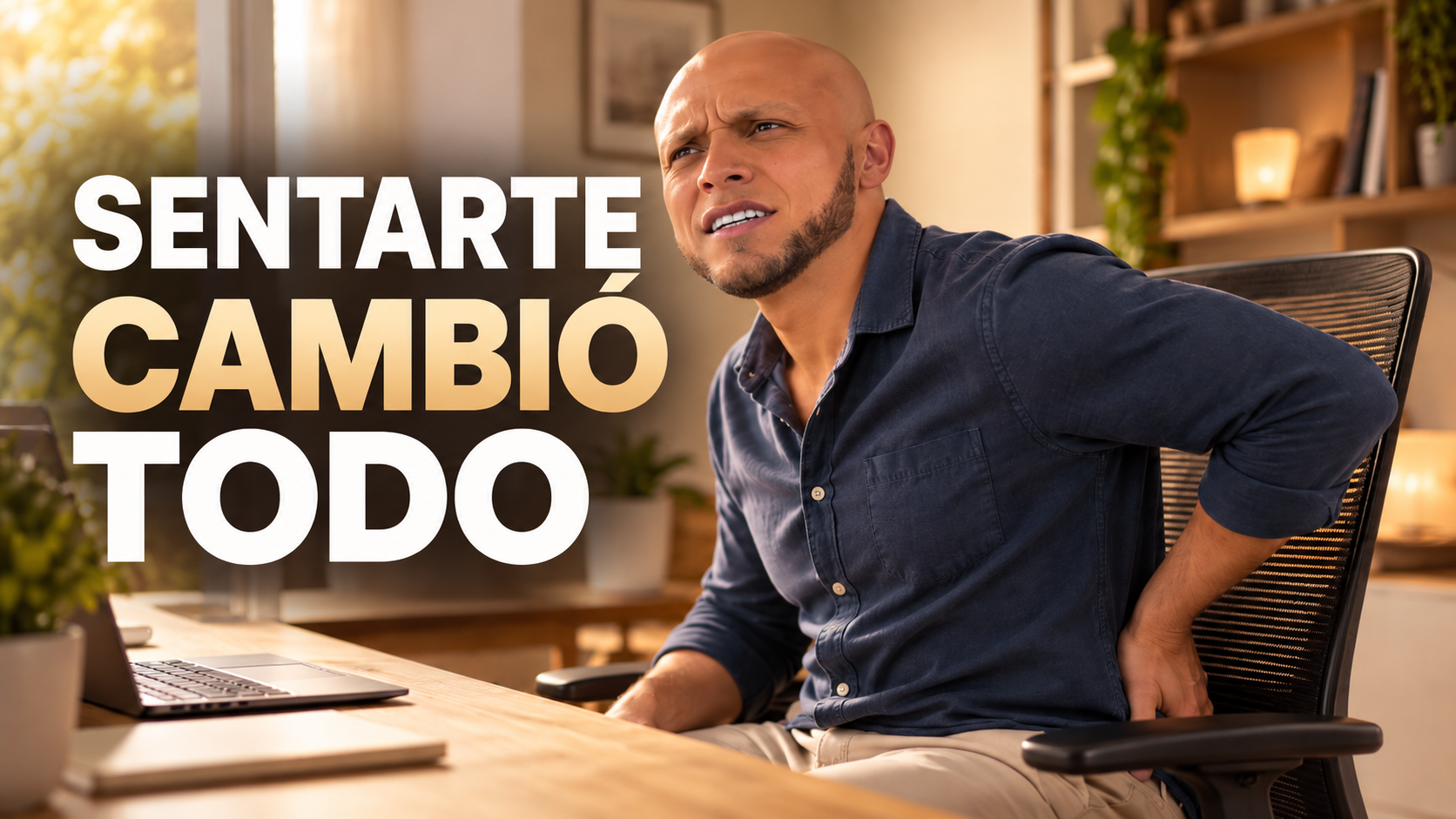 Wide, well-lit indoor thumbnail-style scene: a clean, modern home office/workspace with warm, golden-hour lighting, shallow depth of field, and the same composition as the original