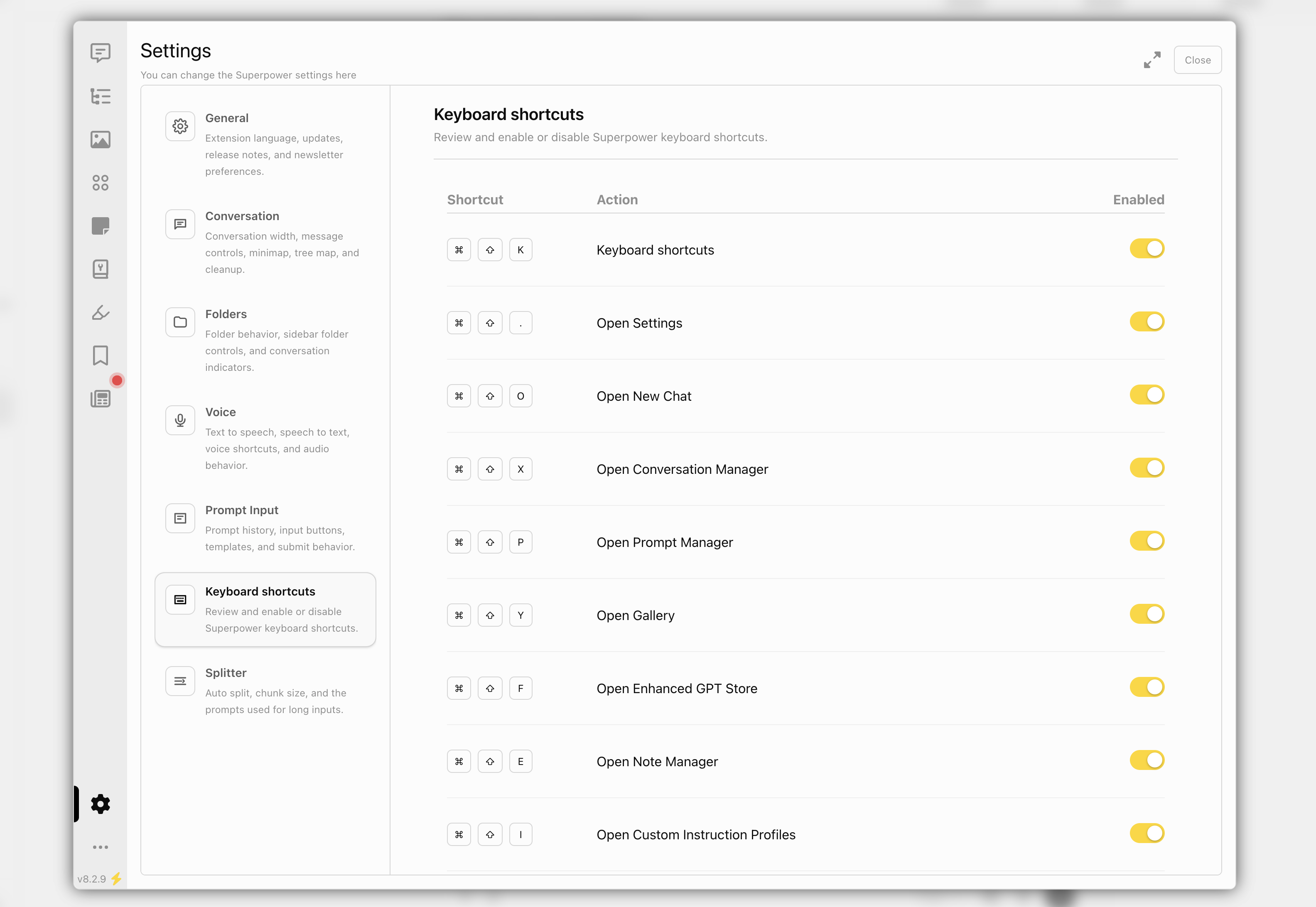 Superpower ChatGPT Keyboard shortcuts